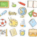 Set of 16 school thing representing different school subjects, no gradients